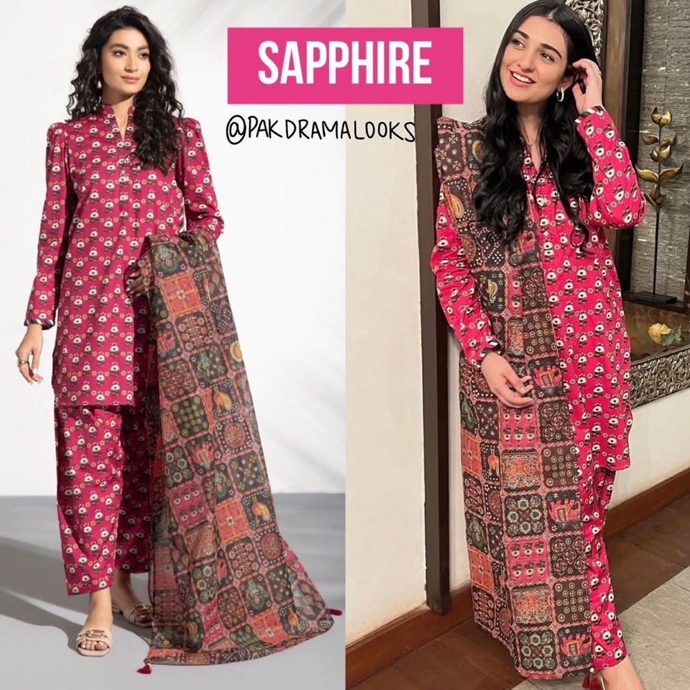 Sapphire Pink Floral Print Pakistani Suit (3 pc)
